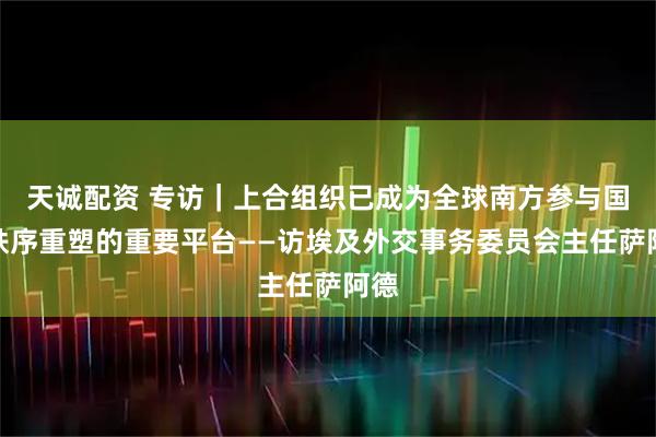 天诚配资 专访｜上合组织已成为全球南方参与国际秩序重塑的重要平台——访埃及外交事务委员会主任萨阿德